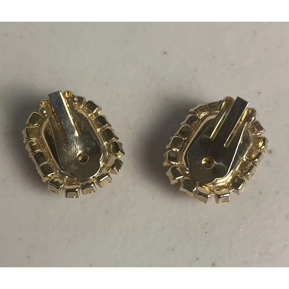 Pink Moonstone Art Glass Rhinestones Clip On Earrings 50s 60s MCM Mod Gold Tone
